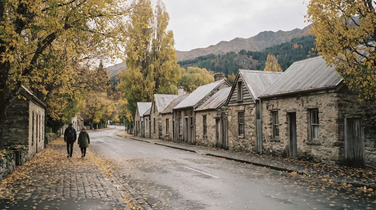 Autumn colour along the Buckingham Street shopfronts in Arrowtown, a half-day trip from Queenstown, New Zealand