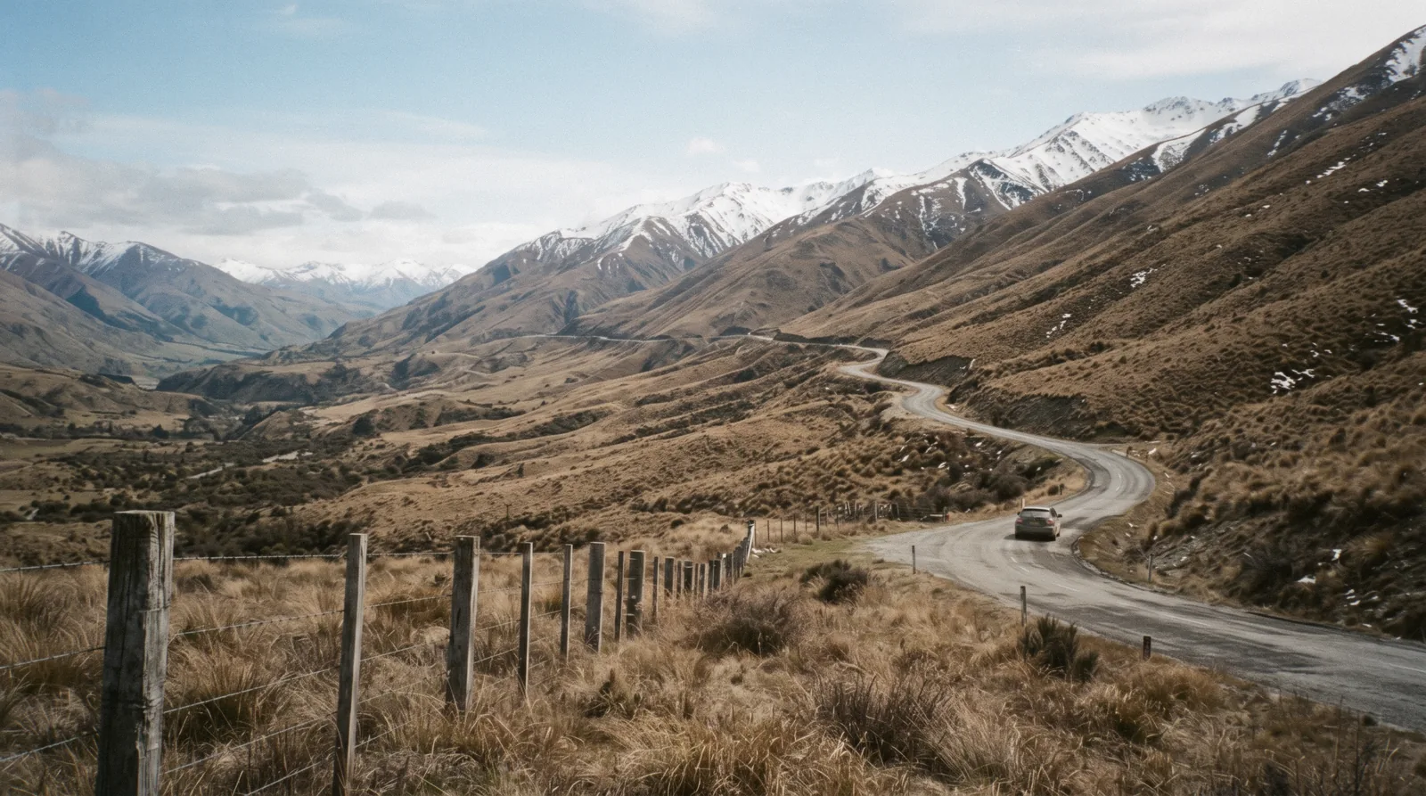 Wide groomed beginner slopes and a chondola above the base buildings at Cardrona Alpine Resort, reached over the Crown Range from Queenstown