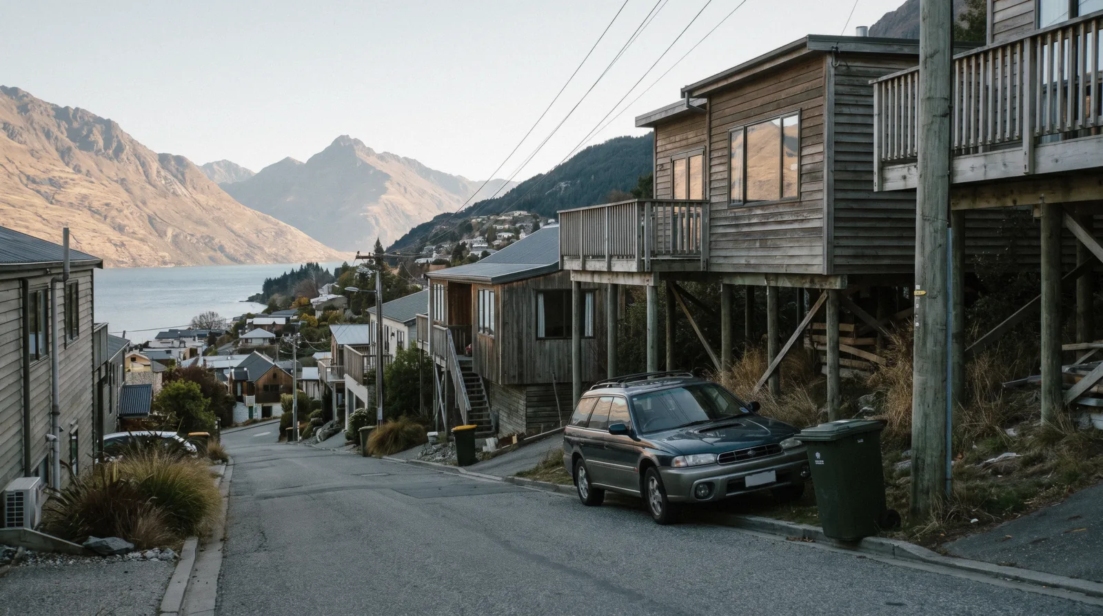 Houses stepped up the hillside above Lake Wakatipu with the Remarkables opposite, the view that Fernhill Queenstown is bought for