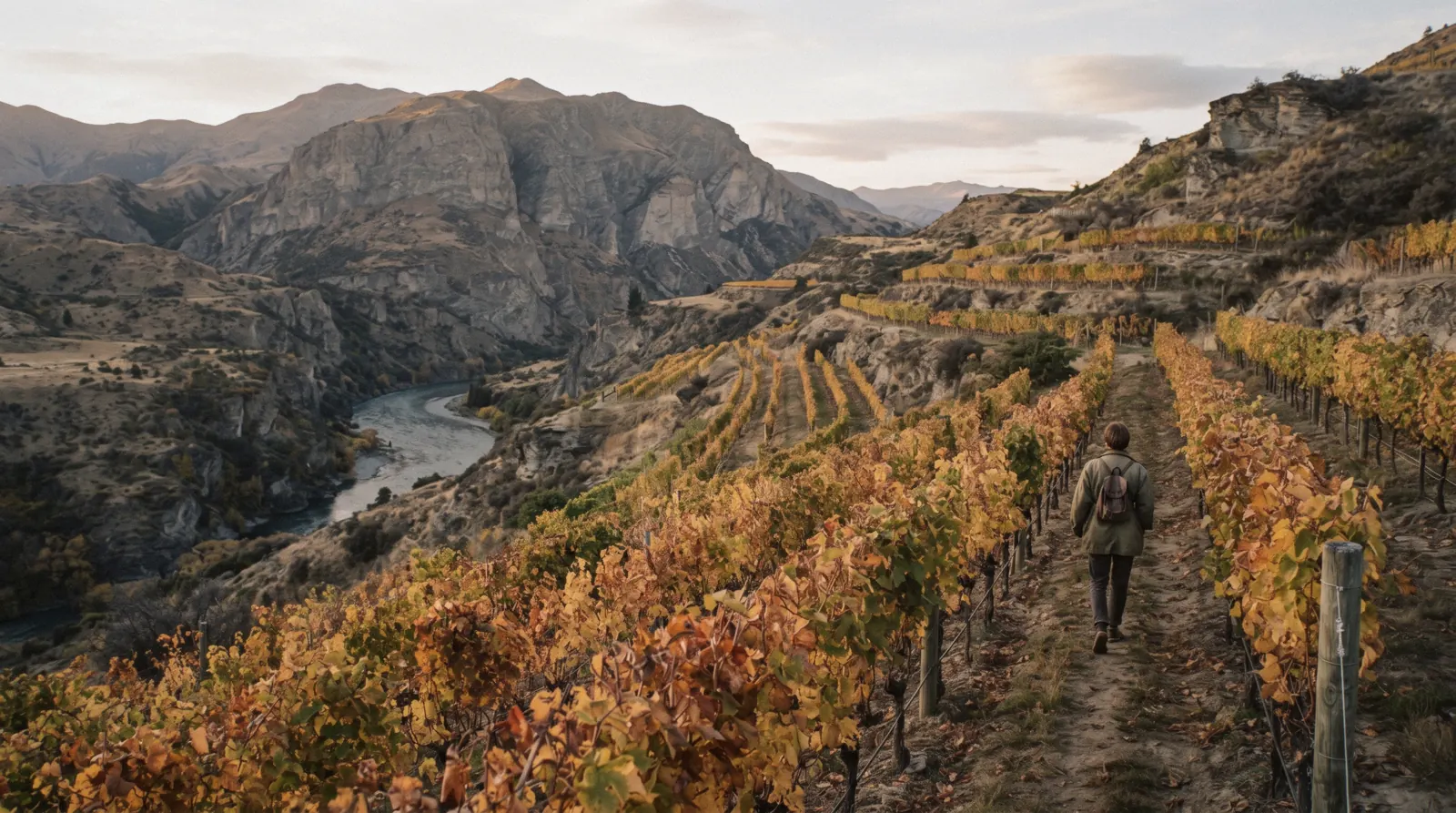 North-facing vine rows on the terrace above the Kawarau Gorge in late afternoon light at the Gibbston Valley wineries, Central Otago, New Zealand