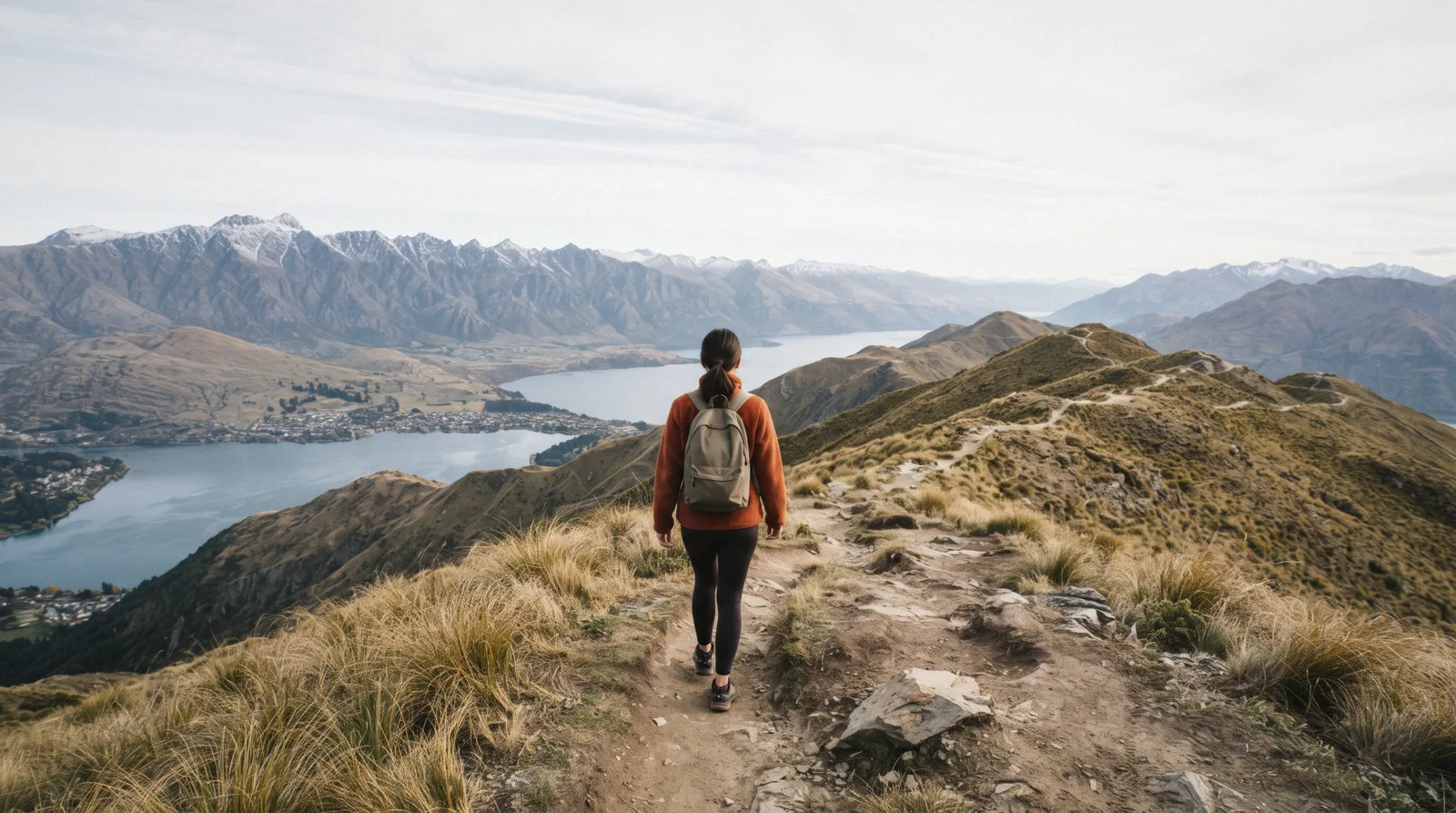 A gravel lakeside track on one of the Queenstown walks, running along the Frankton Arm below tussock slopes with the Kawarau/Remarkables beyond