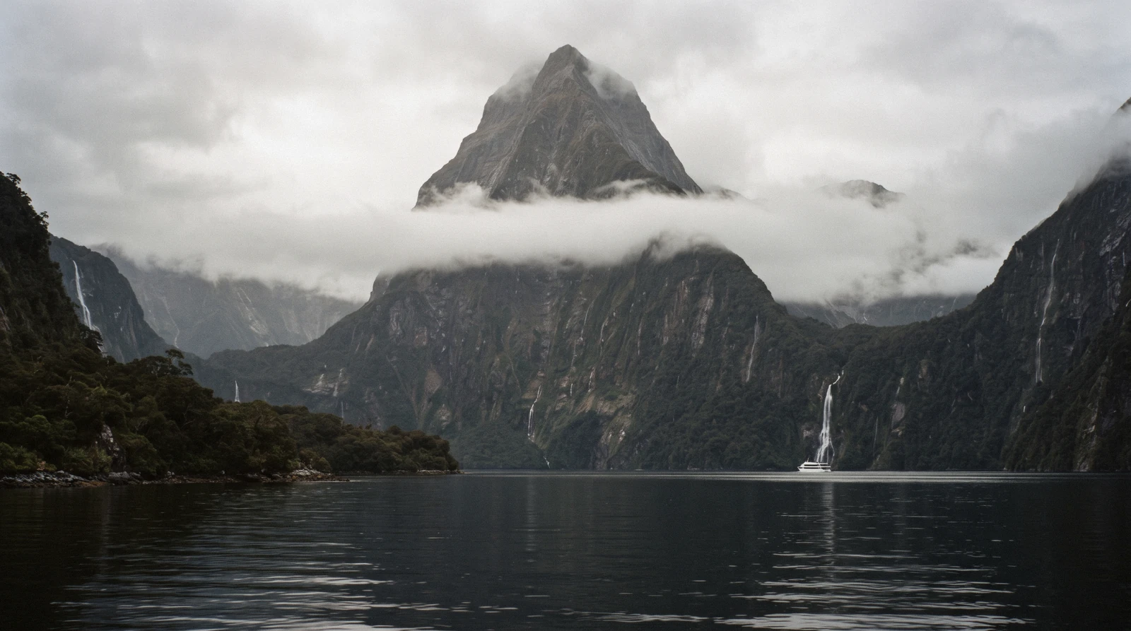 Mitre Peak above the water at Milford Sound, the long day trip from Queenstown, New Zealand