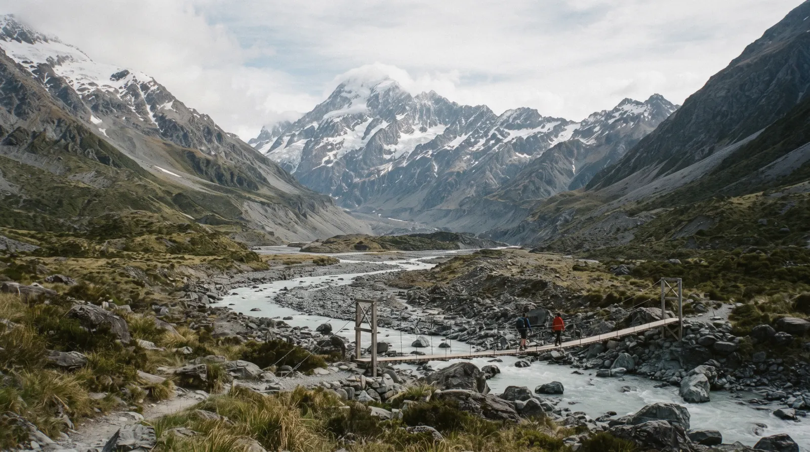 The Hooker Valley track running towards the snow face of Aoraki with a swing bridge over the grey river, on a day trip to Mount Cook from Queenstown