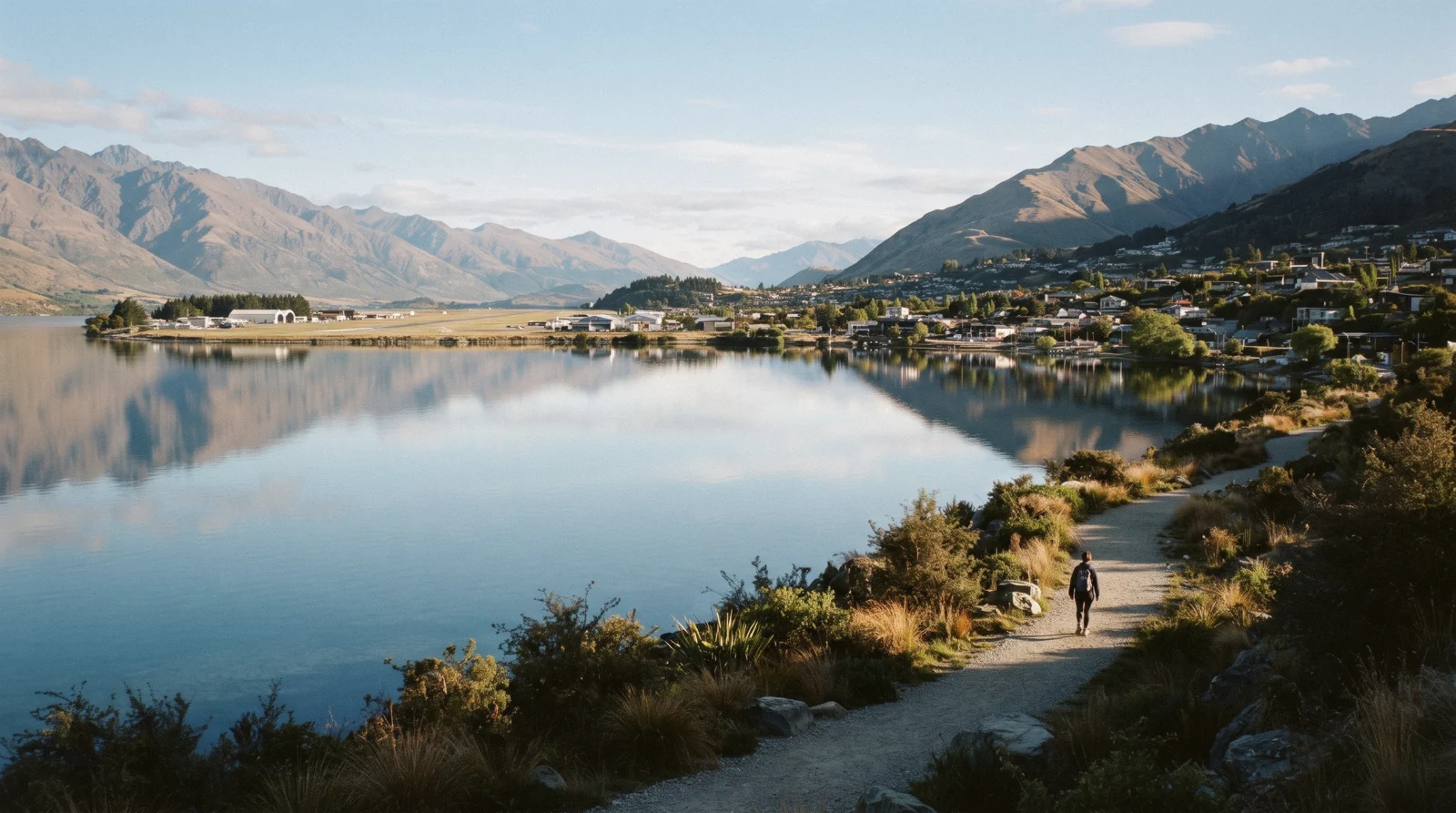 The Frankton Arm from above with the town on one shore and the Kelvin Peninsula on the other, the shape that explains the Queenstown suburbs