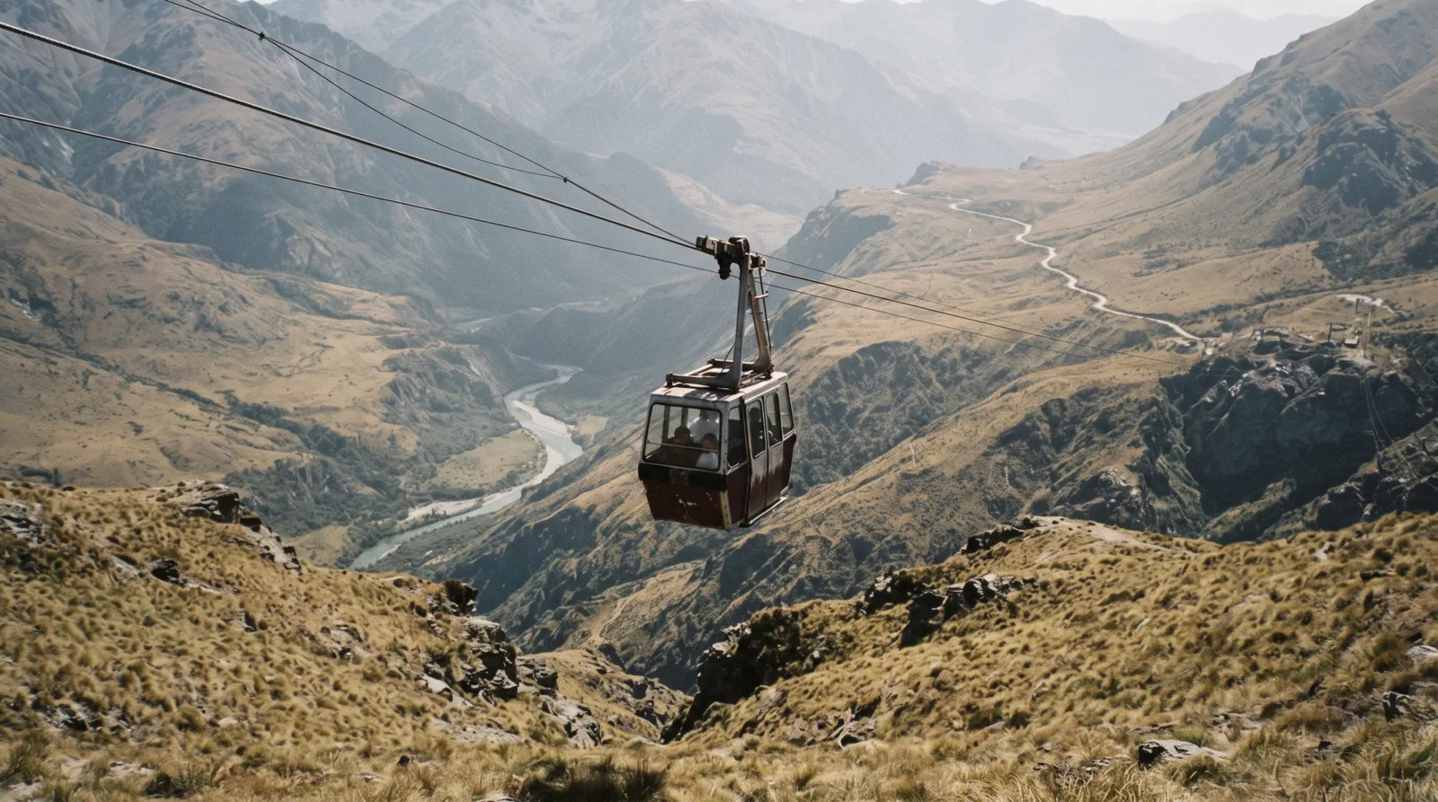 The jump pod hanging on cables above the brown canyon of the Nevis River at the Nevis bungy near Queenstown, New Zealand