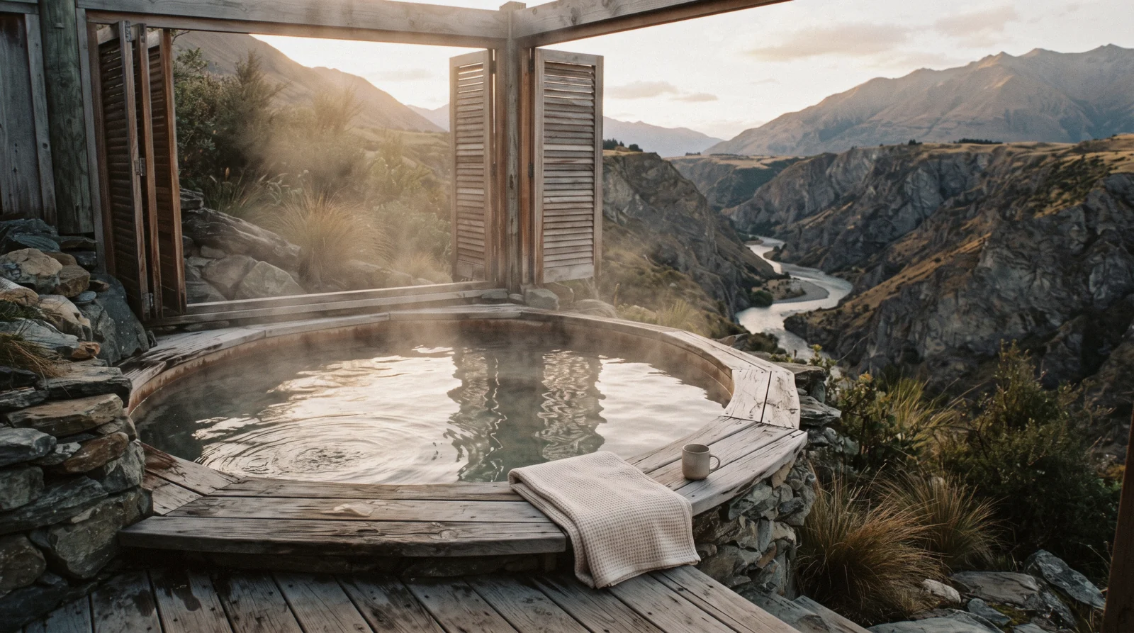 A cedar tub with its roof rolled back above the Shotover River canyon at the Onsen Hot Pools, Queenstown, New Zealand