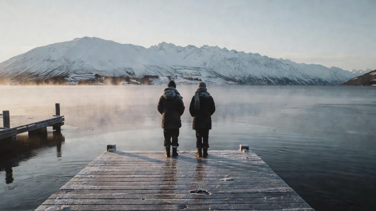 Snow on the Remarkables above a still Queenstown Bay at first light, the view that defines Queenstown in winter, New Zealand