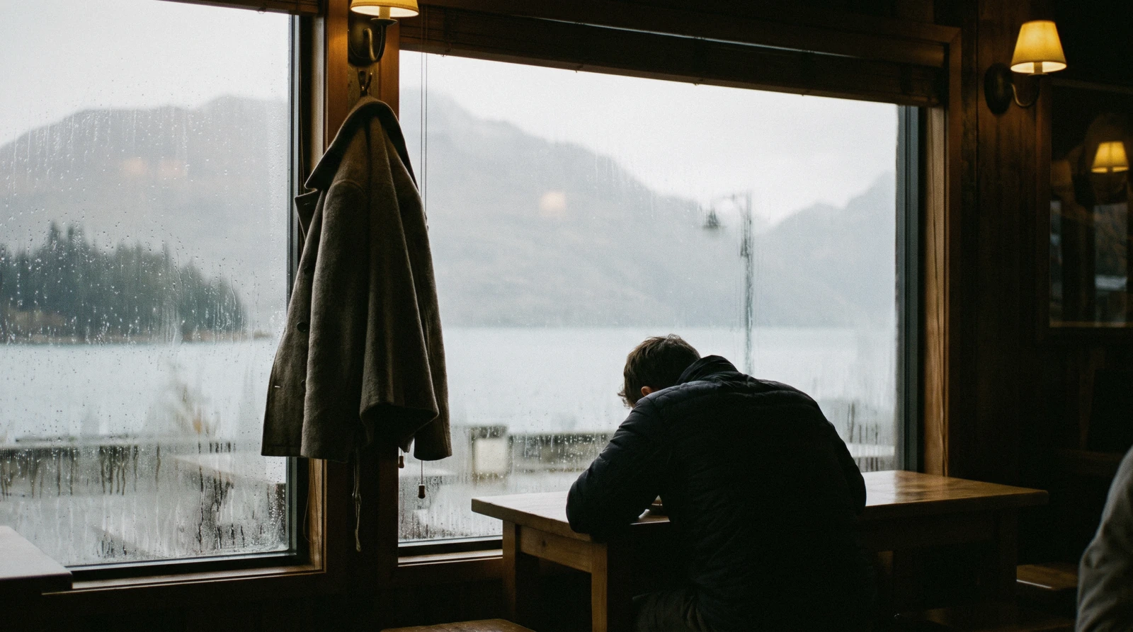 Rain falling on Queenstown Bay with cloud down on the Remarkables and lit shopfronts along the waterfront, a Queenstown rainy day in New Zealand
