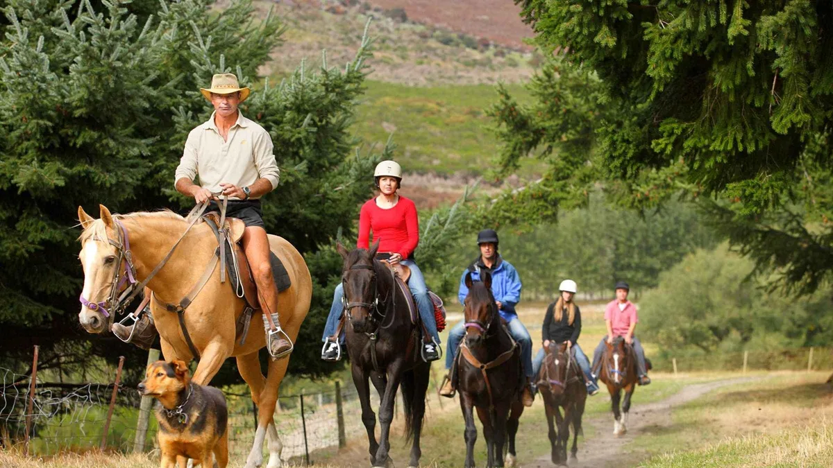 Riders on a lakeside horse trek at Walter Peak — TSS Earnslaw Lake Wakatipu cruise, Queenstown, New Zealand