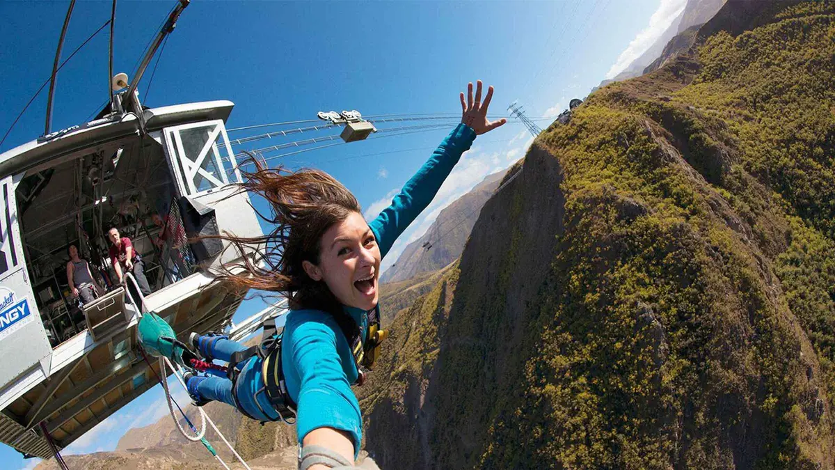 The jump pod suspended on cables high above the Nevis River — Nevis Bungy, Queenstown, New Zealand