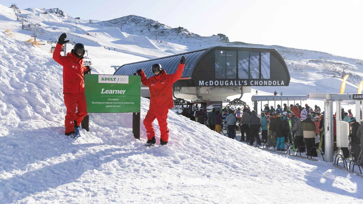 Beginners on a wide learner slope at Cardrona Alpine Resort — Cardrona ski trip from Queenstown, New Zealand