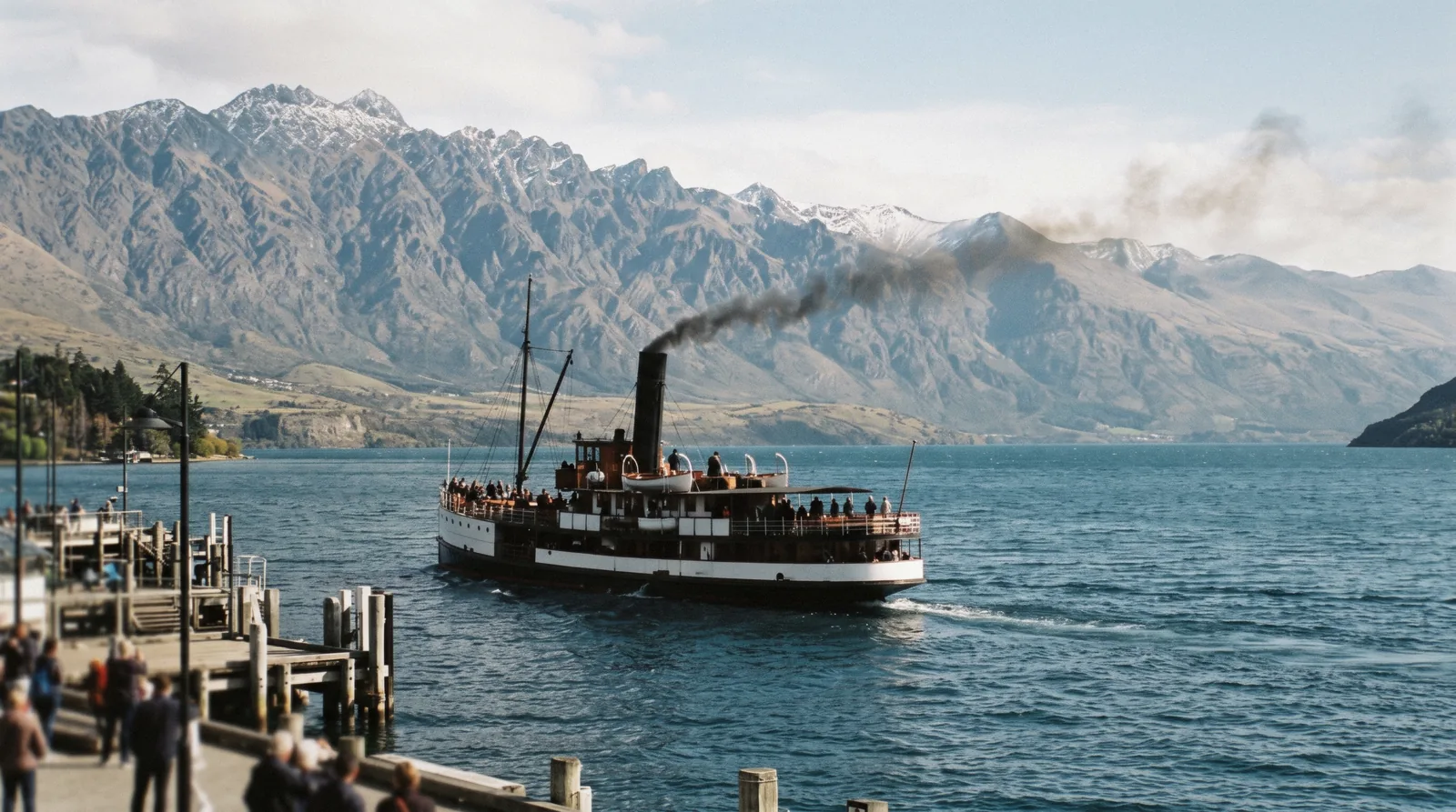 The TSS Earnslaw steamship at Steamer Wharf with mountains behind, the 1912 coal-fired vessel that crosses to Walter Peak from Queenstown, New Zealand