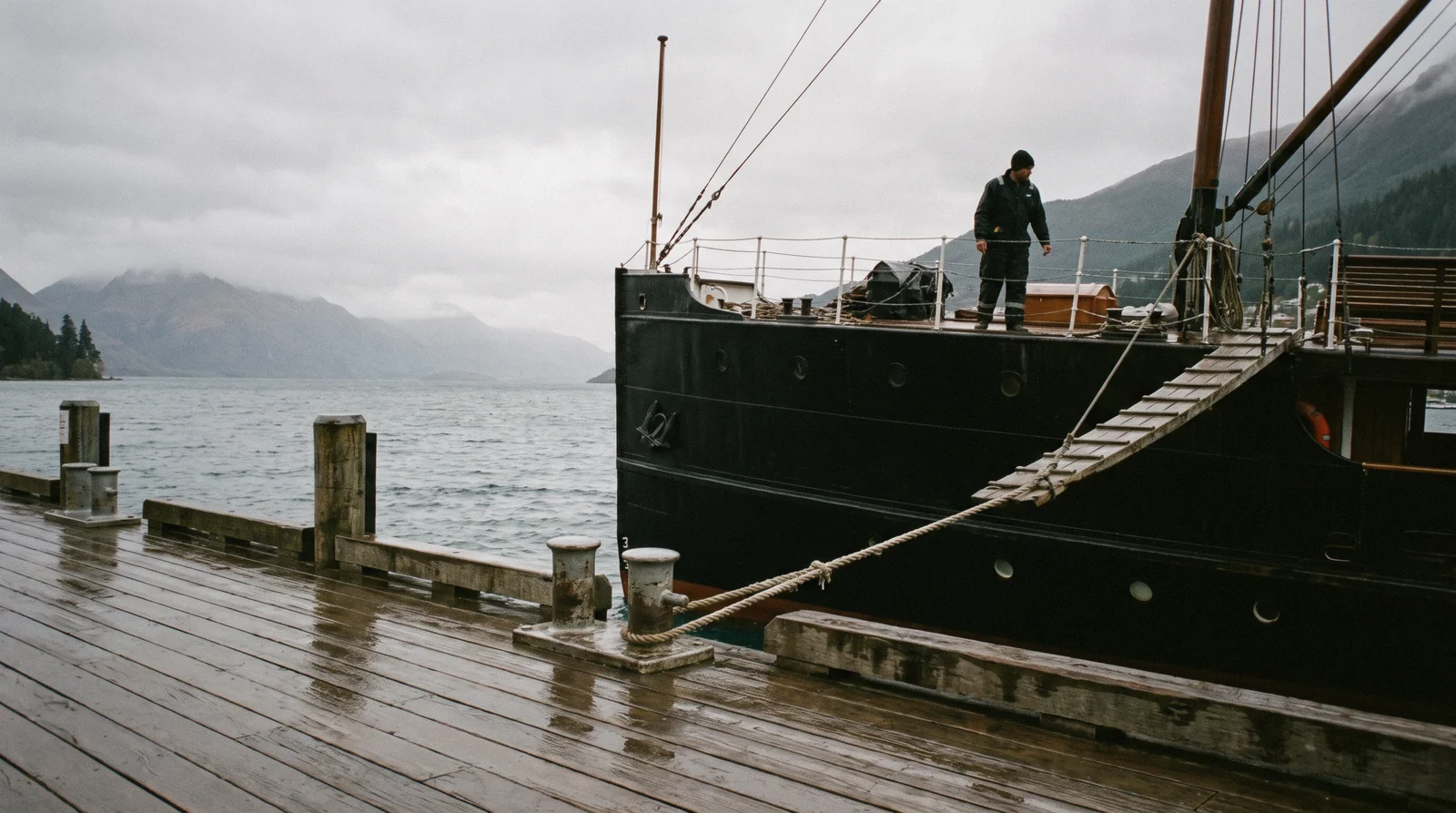 Passengers boarding the coal-fired steamer at Steamer Wharf, where TSS Earnslaw tickets are collected, Queenstown, New Zealand