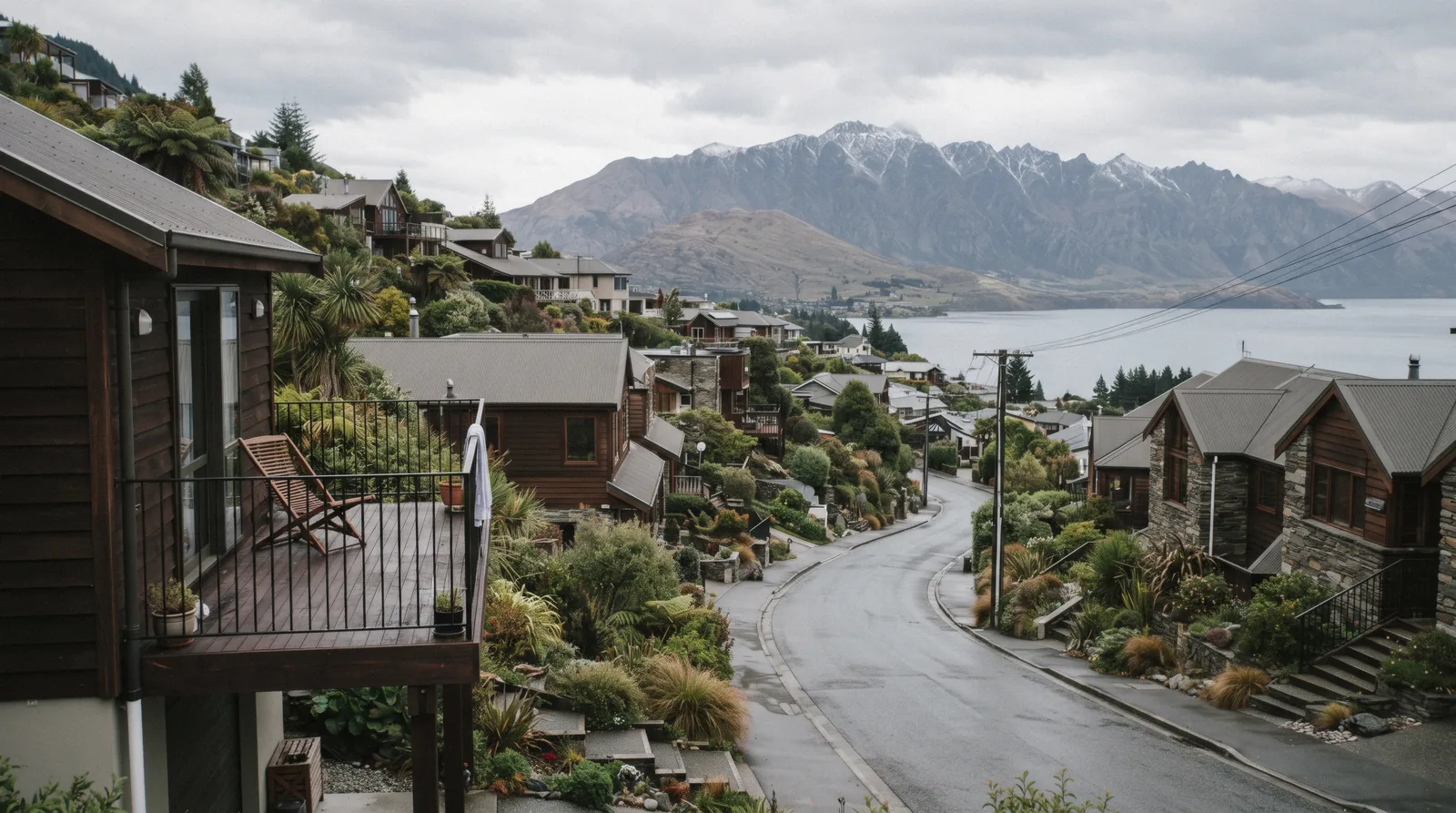 Lakefront apartments and hotels above Queenstown Bay with the Remarkables behind, the central choice when deciding where to stay in Queenstown