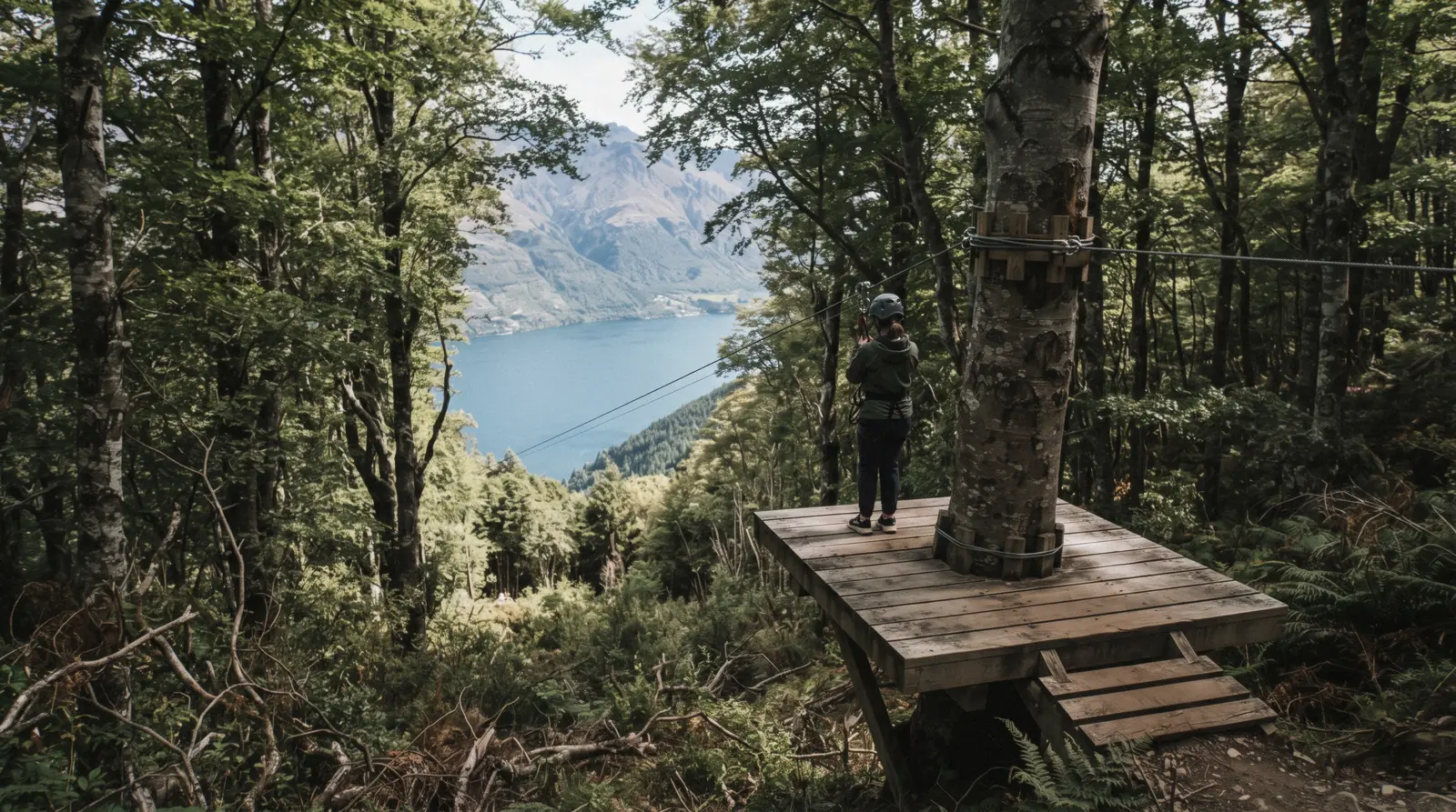 A rider leaving a wooden treetop platform on a steel cable above beech forest and the lake, ziplining in Queenstown, New Zealand